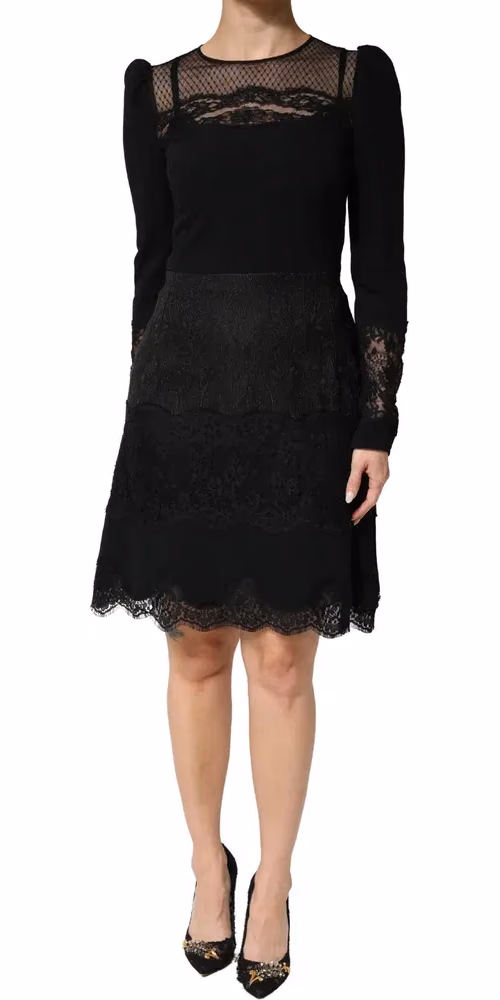 Dolce & Gabbana Black Lace Sheer Panel Midi Long Sleeve  Dress