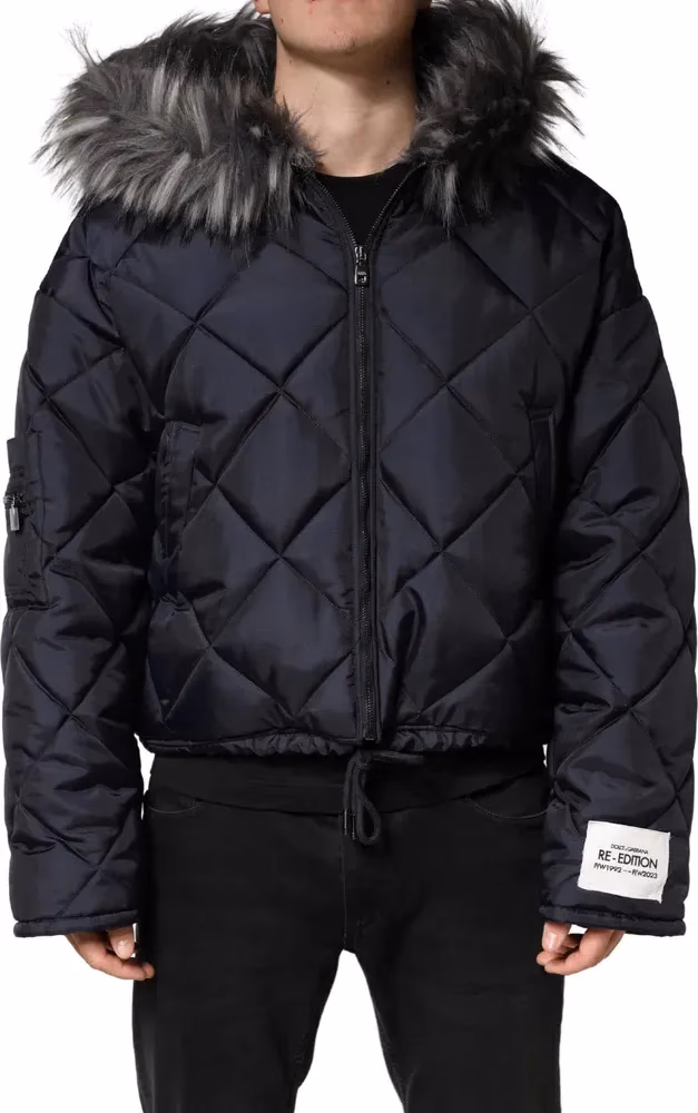 Dolce & Gabbana Black Quilted Fur Shearling Hooded  Jacket