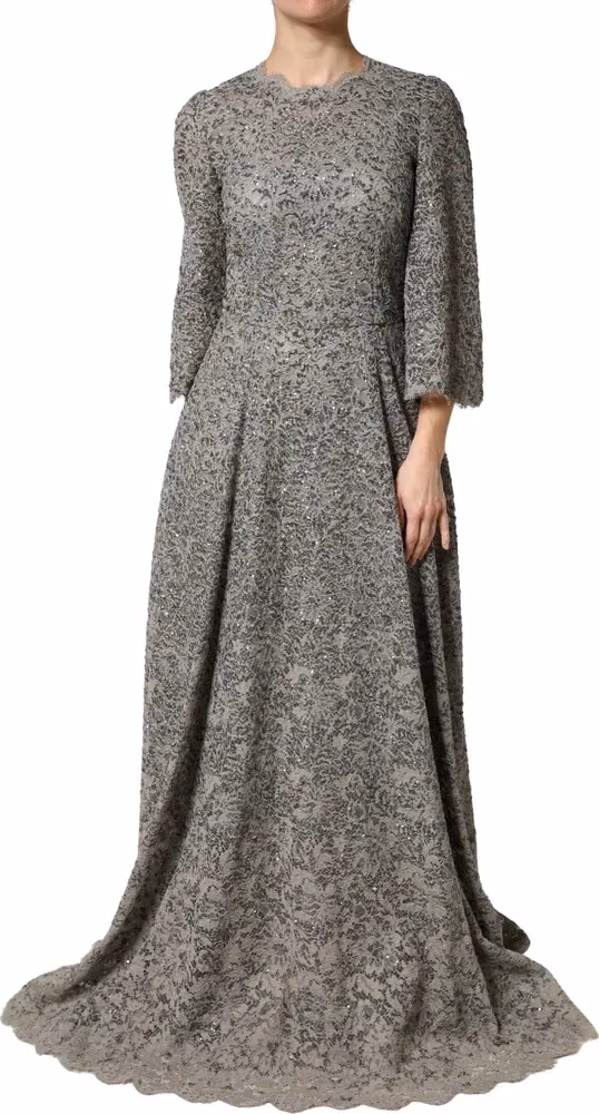 Dolce & Gabbana Gray Lace Long Sleeves Cotton Maxi Dress