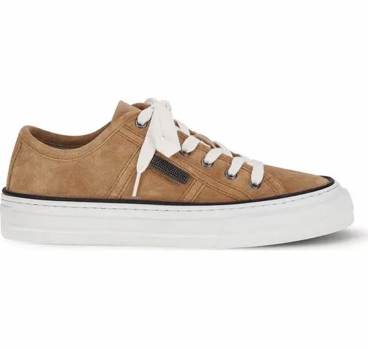 Brunello Cucinelli Beige Calf Leather Bos Taurus Low Top Sneakers