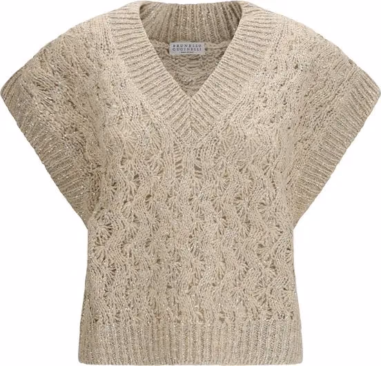 Brunello Cucinelli Beige Silk Sleeveles Sweater