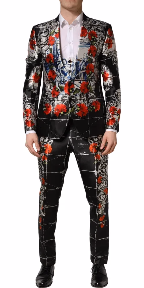 Dolce & Gabbana Black Floral 2 Buttons Formal 3 Piece Suit