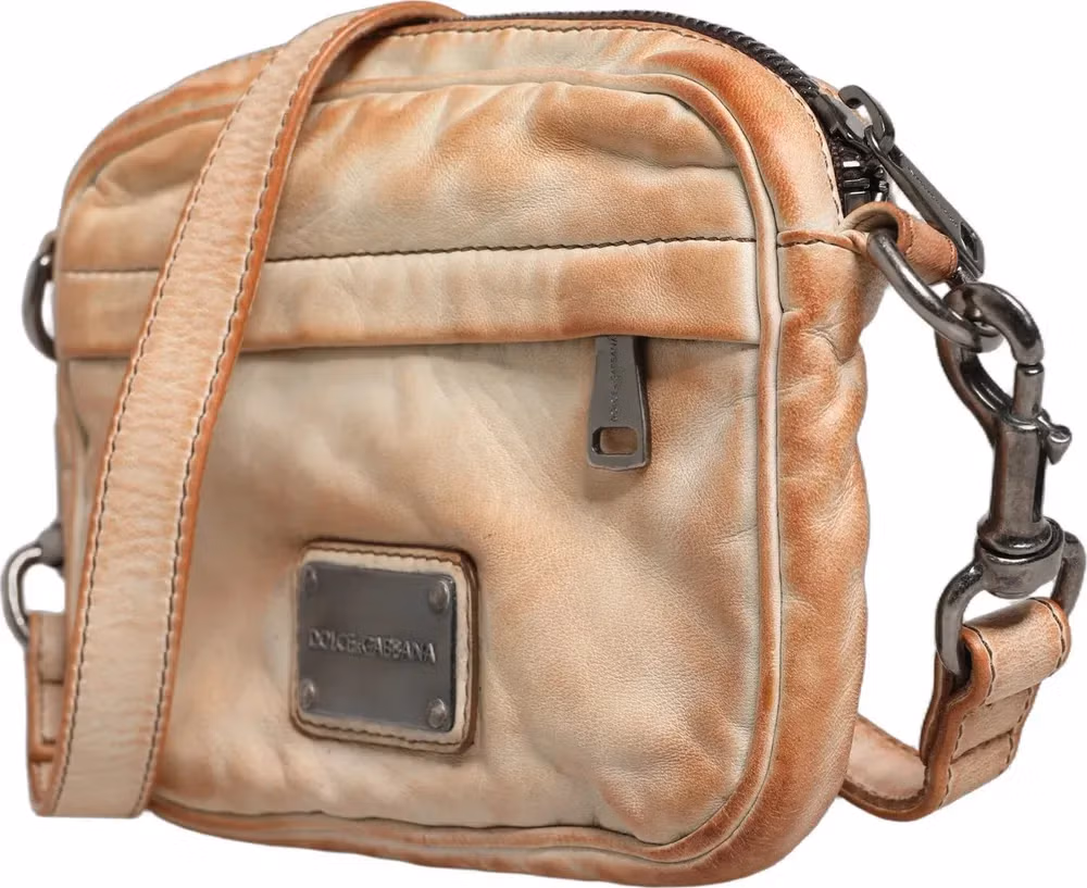 Dolce & Gabbana Beige Vintage Leather Logo Plaque Shoulder Borse Men Bag