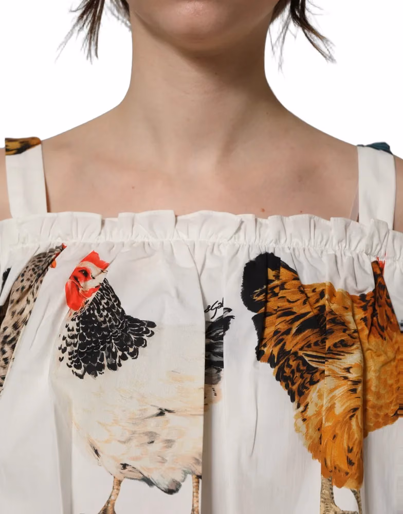 Dolce & Gabbana White Rooster Print Poplin Off The Shoulder Top