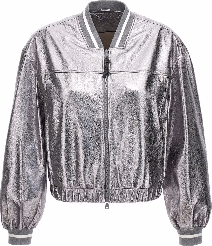 Brunello Cucinelli Silver Leather Bomber