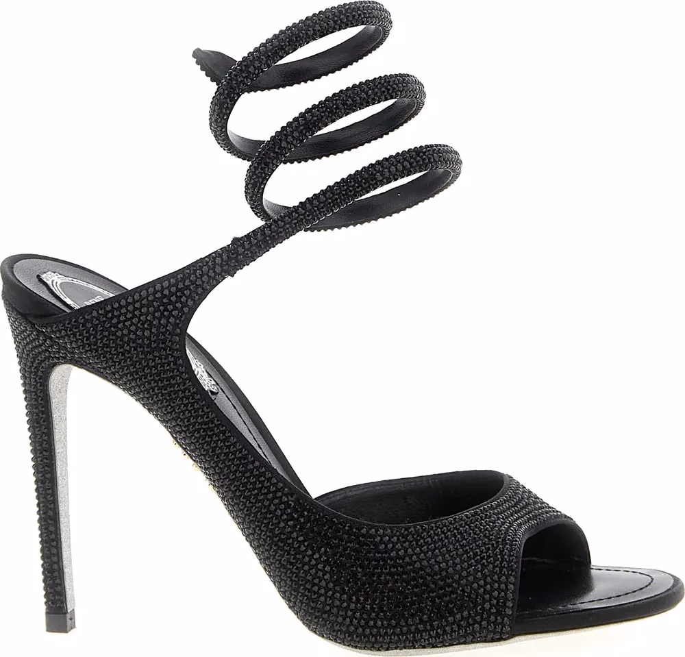 RENE CAOVILLA Black Satin Stiletto Heel Sandals