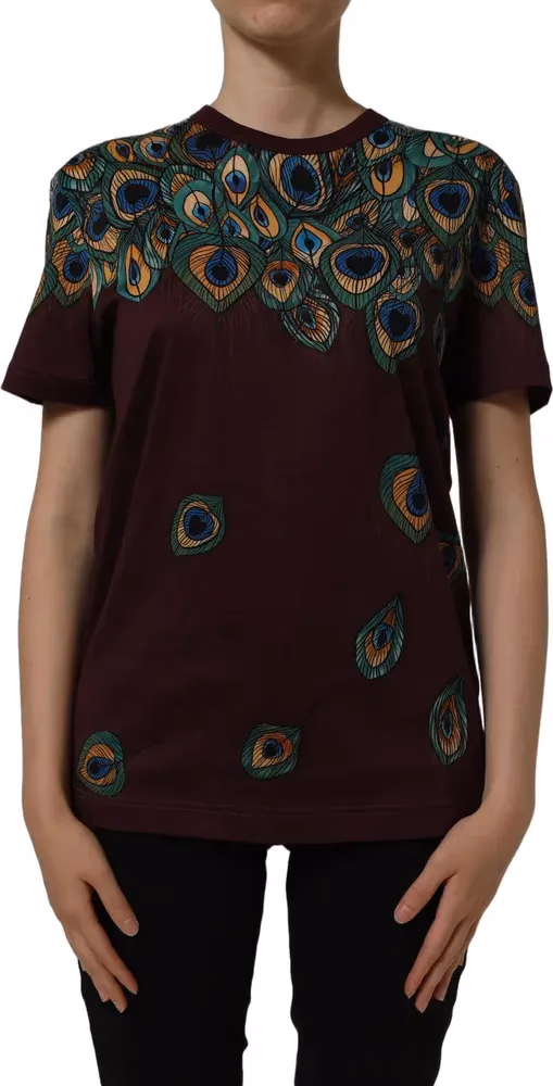 Dolce & Gabbana Burgundy Peacock Feather Round Neck T-shirt
