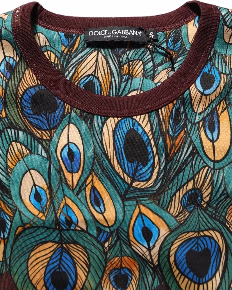 Dolce & Gabbana Burgundy Peacock Feather Round Neck T-shirt