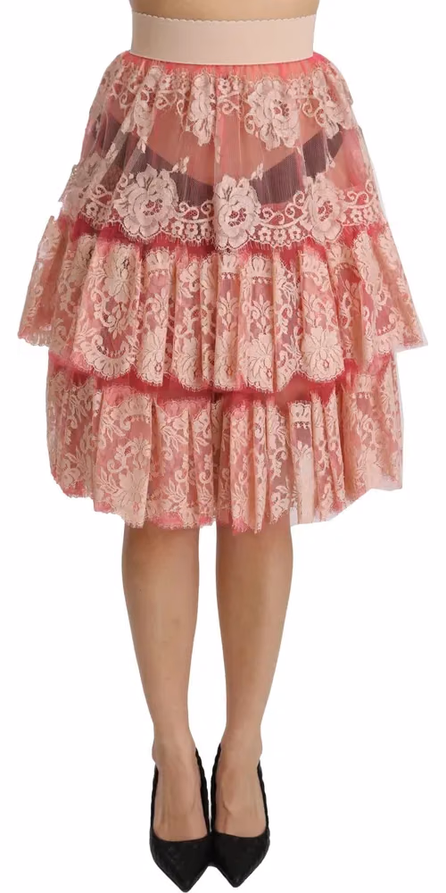 Dolce & Gabbana Pink Lace Layered High Waist Knee Length Skirt