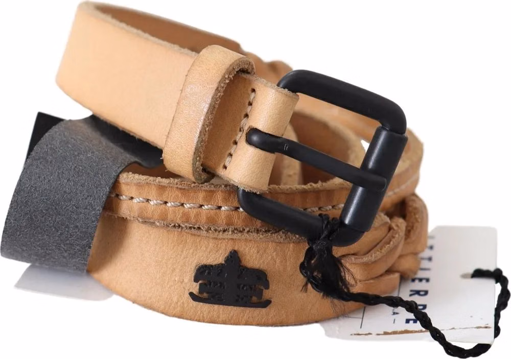 Scervino Street Light Brown Slim Leather Black Logo Buckle Belt Belt