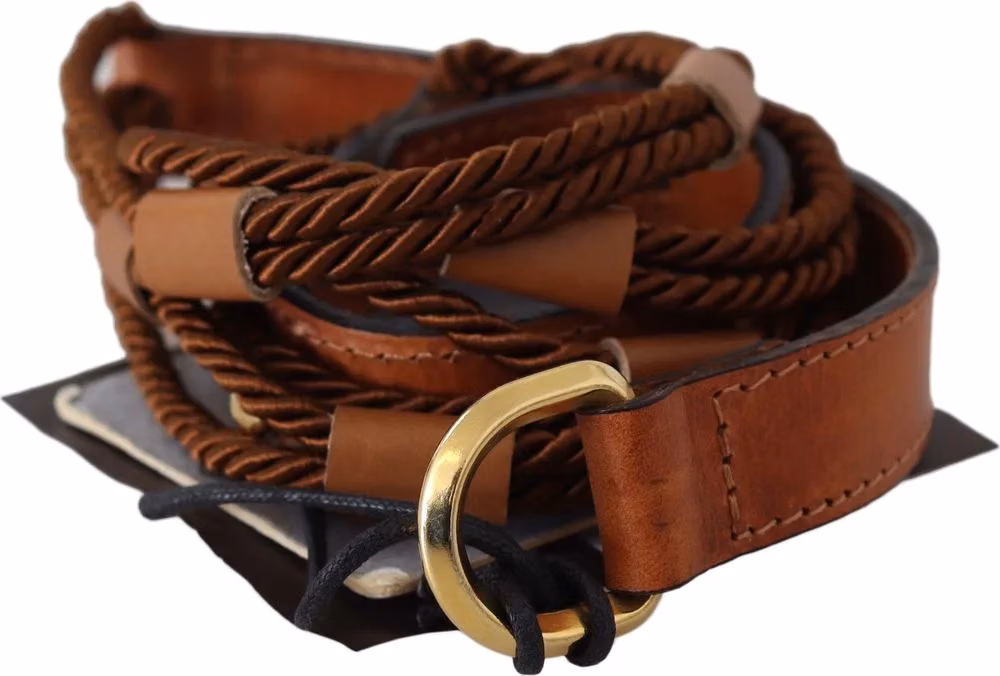 Scervino Street Brown Leather Braided Rope Gold Buckle  Belt