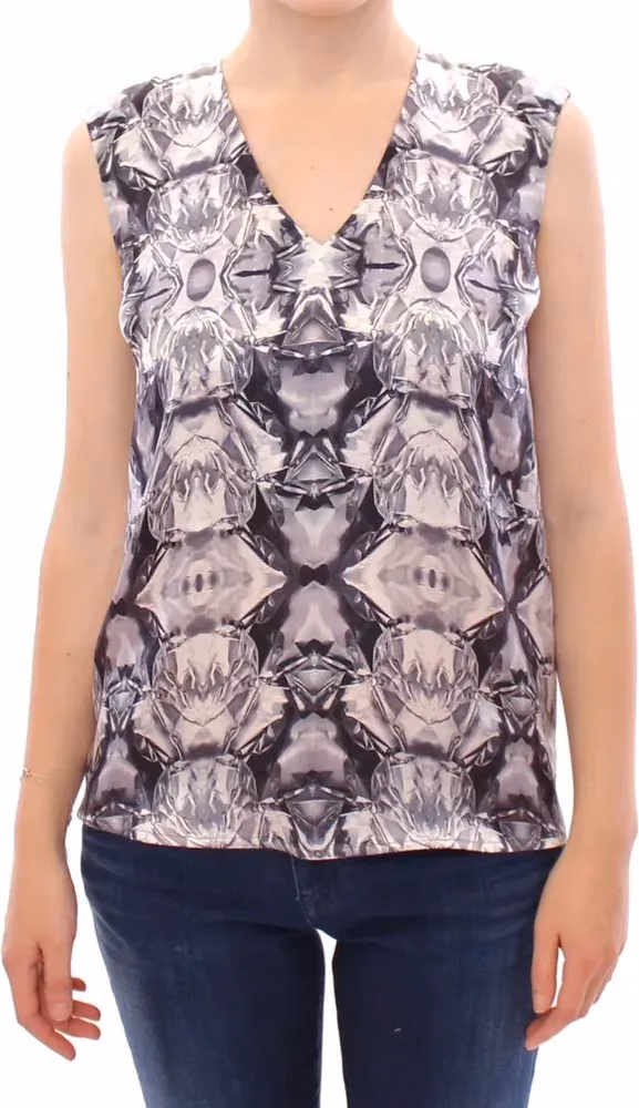 Arzu Kaprol Gray Blue Silk Sleeveless Top Shirt Blouse