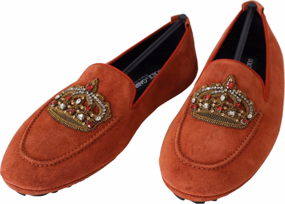 Dolce & Gabbana Orange Leather Crystal Crown  Loafers Shoes