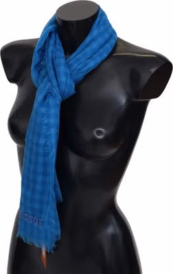 Blue Checkered Cashmere Unisex Wrap Fringes Scarf