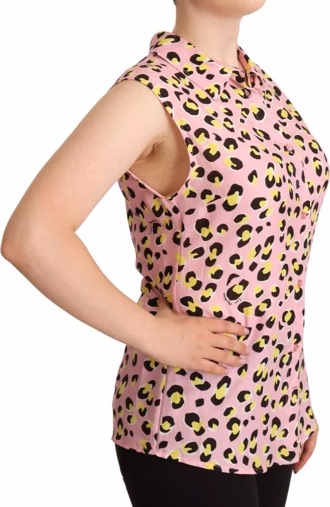 Love Moschino Pink Leopard Print Sleeveless Collared Polo Top