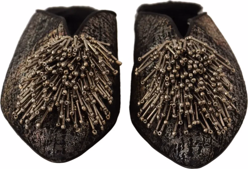 Paola D'Arcano Gold Jacquard Leather Embellished Slip On Shoes