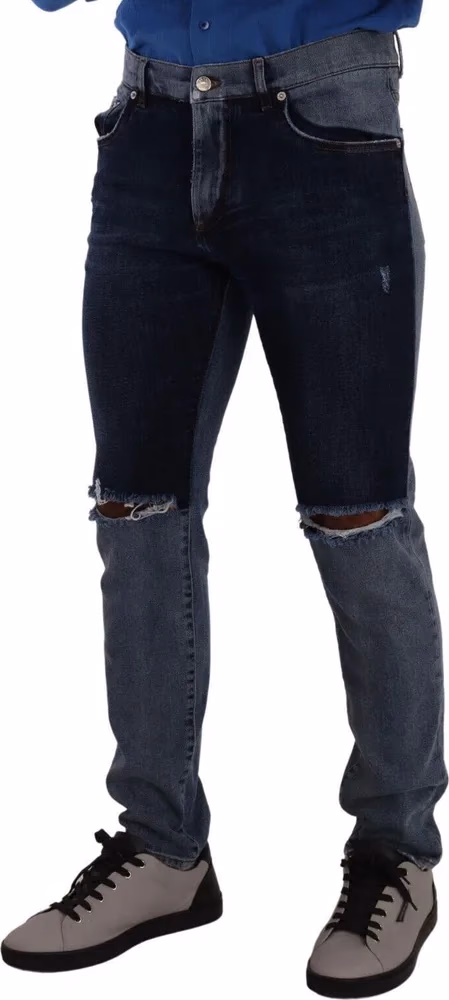 Dolce & Gabbana Blue Two Tone Tattered Cotton Slim Denim Jeans