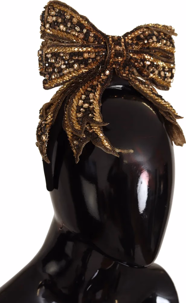 Dolce & Gabbana Gold Crystal Beaded Sequined Silk Bow Headband Diadem
