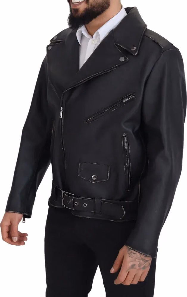 Dolce & Gabbana Black Leather Biker Coat Zipper Jacket