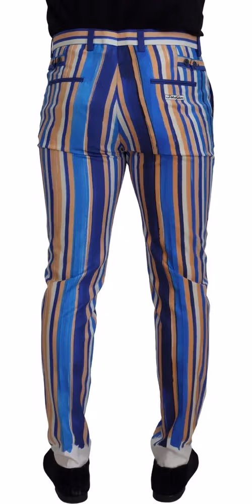 Dolce & Gabbana Blue Striped Silk Cotton Slim Trousers Pants