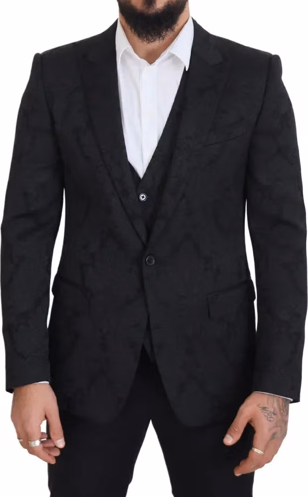 Dolce & Gabbana Black Floral Brocade 2 Piece MARTINI Suit