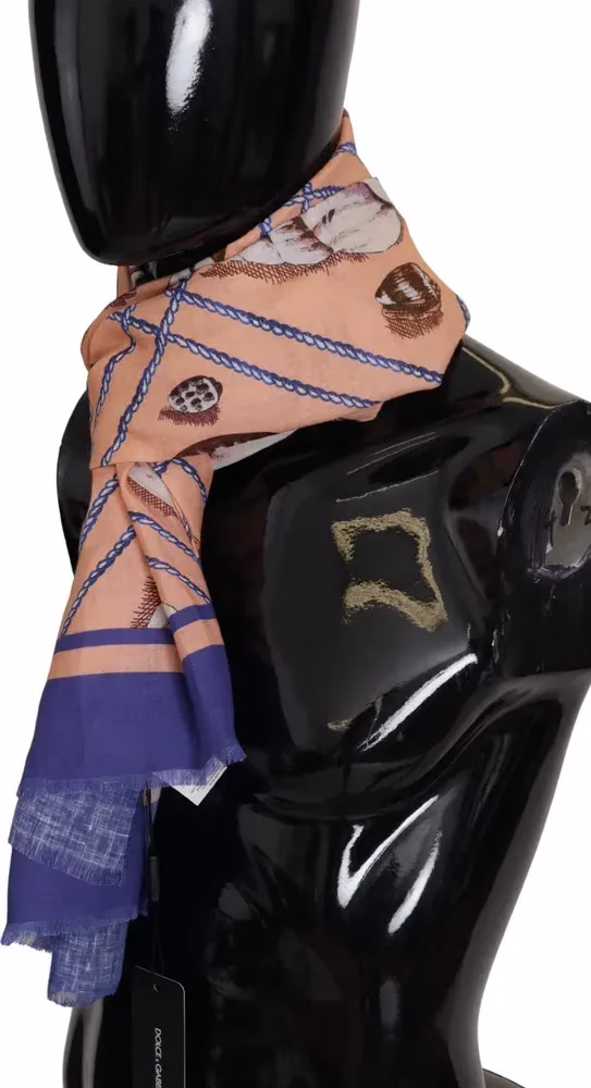 Dolce & Gabbana Blue Linen Seashell Pattern Mens Wrap Shawl Scarf