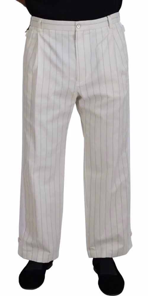 Dolce & Gabbana White Cotton Striped Formal Pants