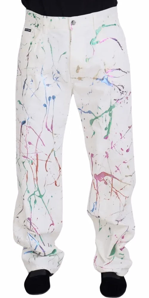 Dolce & Gabbana White Cotton Color Splash Print Denim Pants