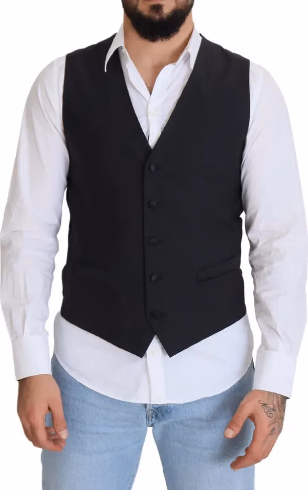 Dolce & Gabbana Black Wool Stretch Waistcoat Formal Vest