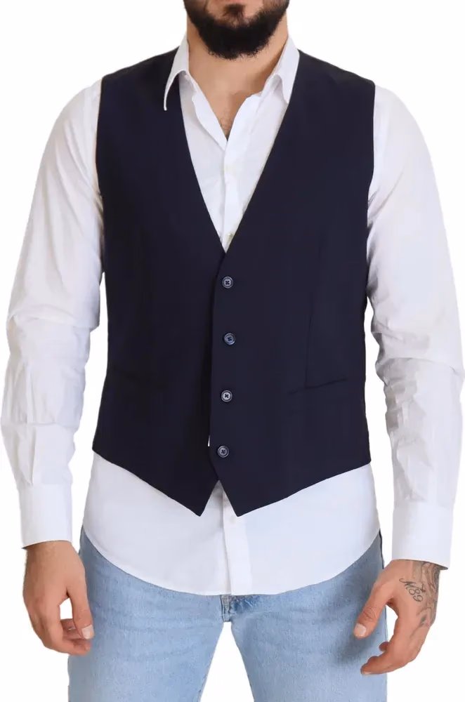 Dolce & Gabbana Dark Blue Wool Stretch Waistcoat Formal Vest