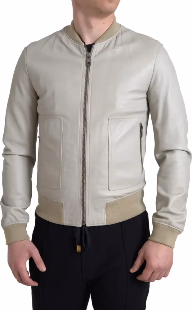 Dolce & Gabbana Cream Leather Bomber Blouson Full Zip Jacket