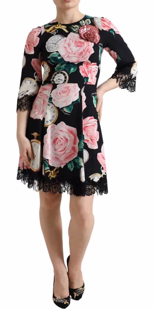 Dolce & Gabbana Black Floral Embellished Lace A-line Dress