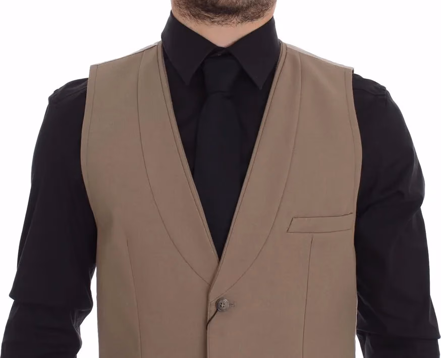 Dolce & Gabbana Beige Cotton Slim Fit Button Front Dress Vest