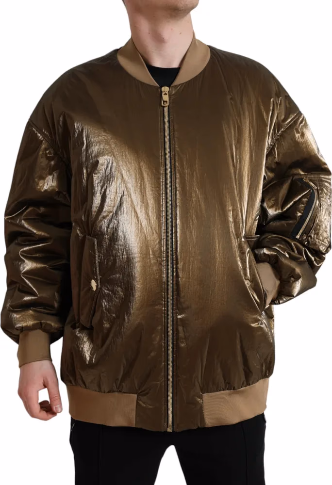 Dolce & Gabbana Bronze Nylon Full Zip Men Bomber Jacket