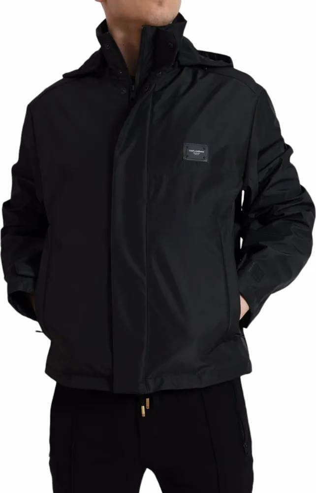 Dolce & Gabbana Black Polyester Logo Plaque Hooded Jacket
