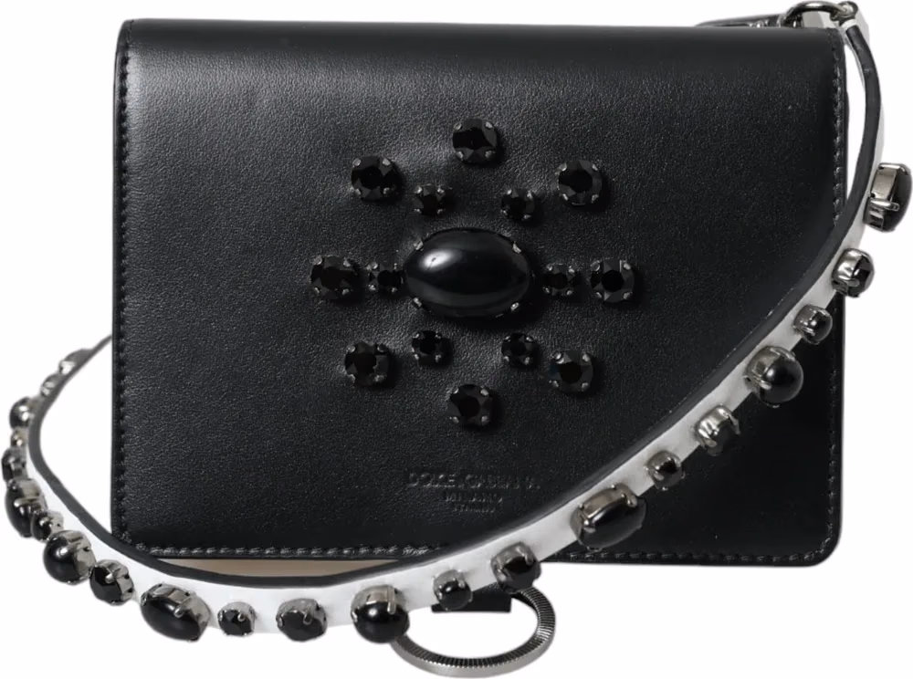 Dolce & Gabbana Black White Leather Crystal Embellished Cardholder Wallet