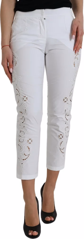 Dolce & Gabbana White Cut Out Cotton Mid Waist Cropped Pants