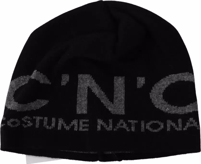Costume National Black Wool Blend Branded Beanie Hat