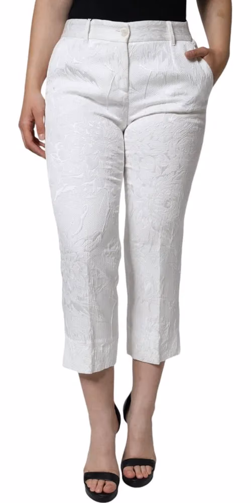 Dolce & Gabbana White Floral Brocade Cotton Cropped Pants