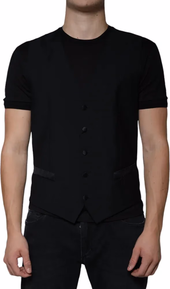Dolce & Gabbana Black Wool Formal Dress Men Waistcoat Vest