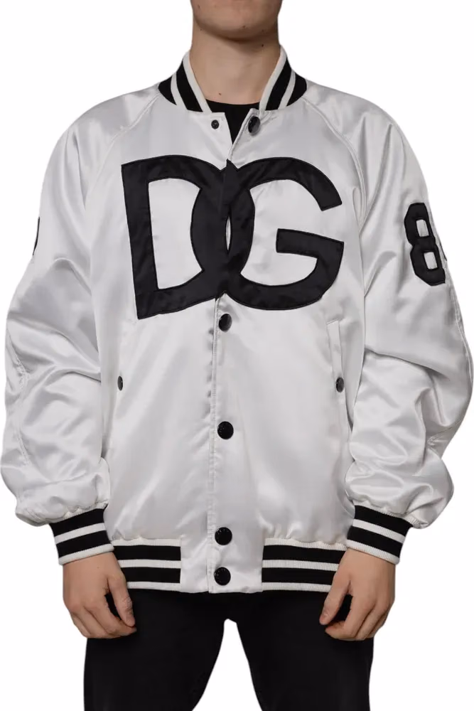 Dolce & Gabbana White Polyester Logo Full Zip Bomber Jacket