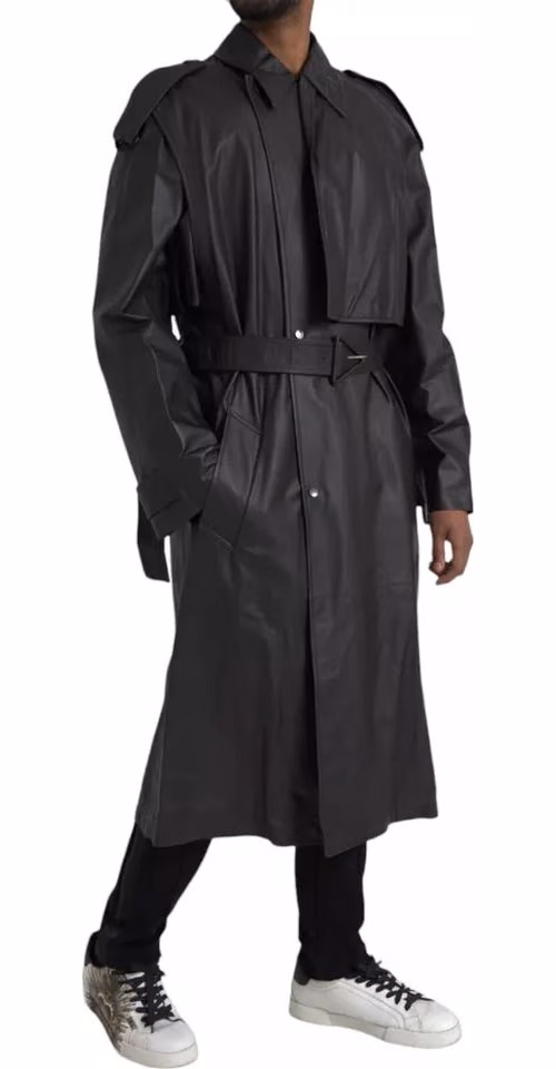 Bottega Veneta Black Leather Men Waterproof Trenchcoat Jacket