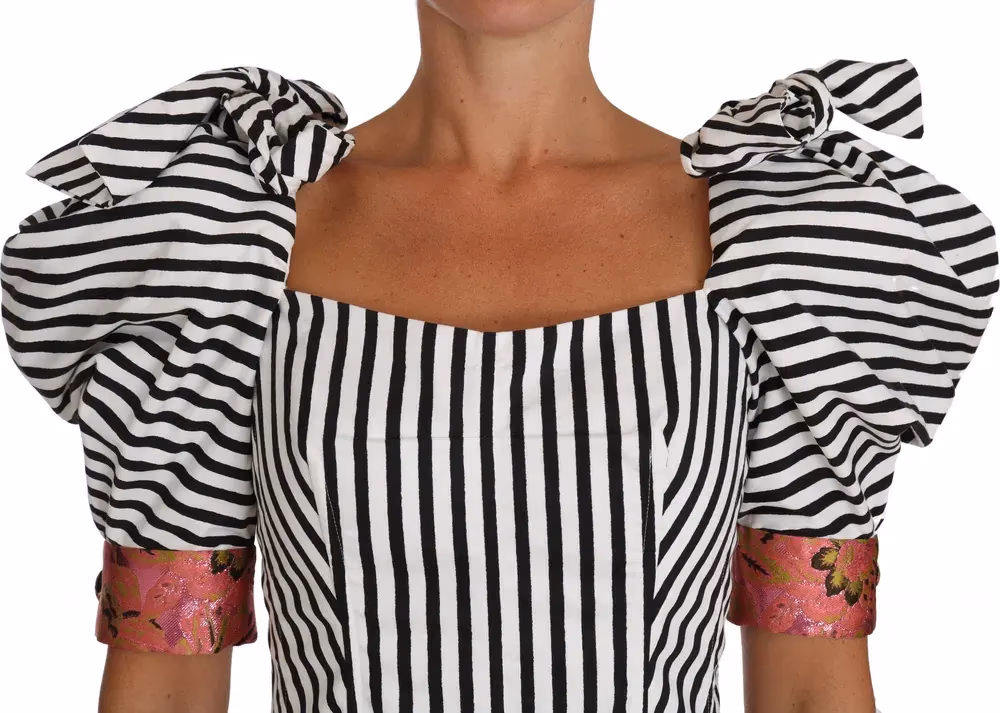 Dolce & Gabbana White Black Striped Cropped Top Puff Sleeve Shirts