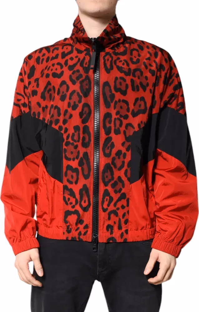 Dolce & Gabbana Red Leopard Nylon Bomber Full Zip Jacket