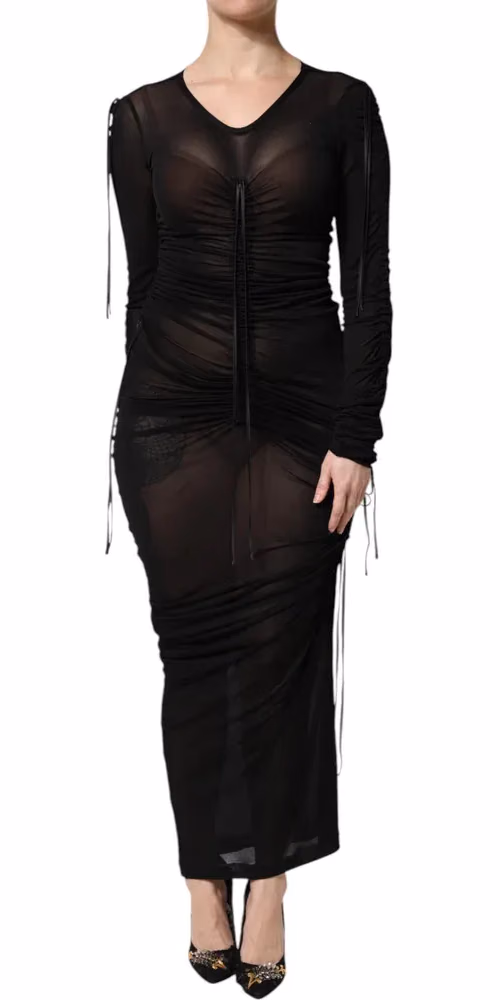 Dolce & Gabbana Black Mesh Trim Bodycon Long Sheath Dress