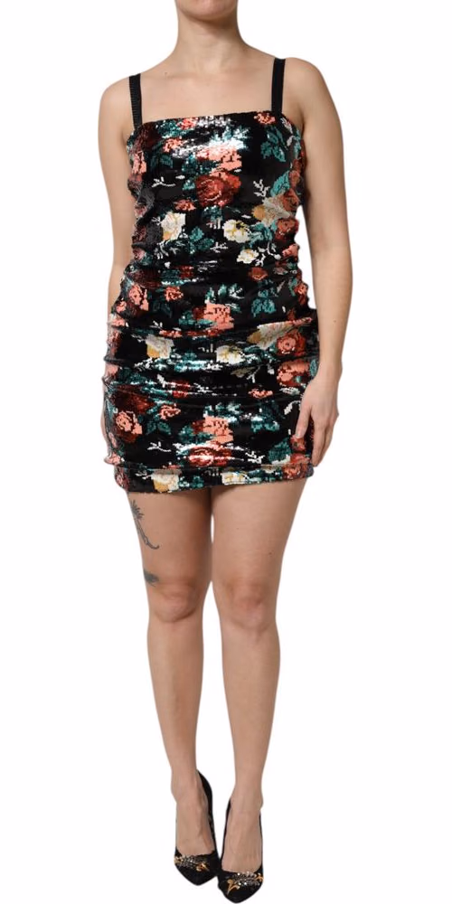 Dolce & Gabbana Black Floral Sequin Sleeveless Sheath Dress