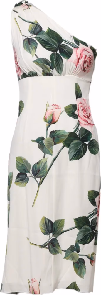 Dolce & Gabbana White Floral One Shoulder Sheath Midi Dress