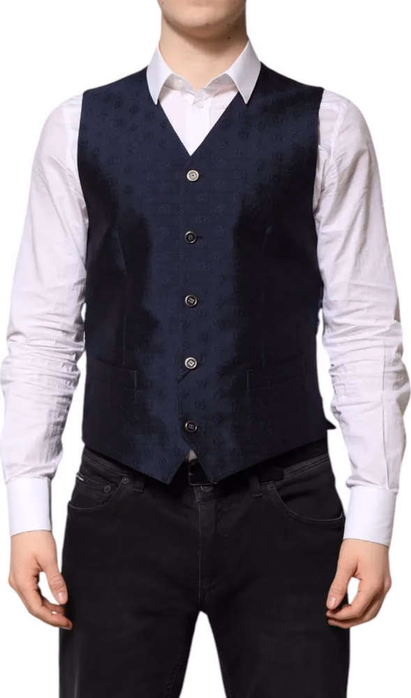 Dolce & Gabbana Dark Blue Logo Wool Formal Men Waistcoat Vest