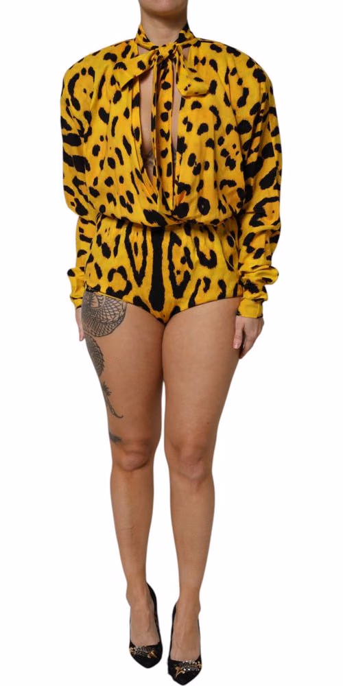 Dolce & Gabbana Yellow Leopard Long Sleeves Jumpsuit Dress