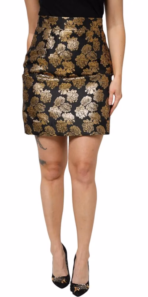 Dolce & Gabbana Black Gold Floral Print Jacquard Mini Skirt